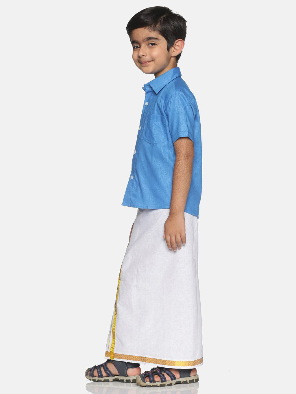 Sethukrishna Blue & White Solid Shirt with Veshti Set For Boys | Grocsy
