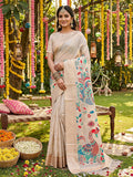 Monjolika Fashion Off White Linen Cotton Saree with Multicolor Meenakari Peacock Weaving | Grocsy