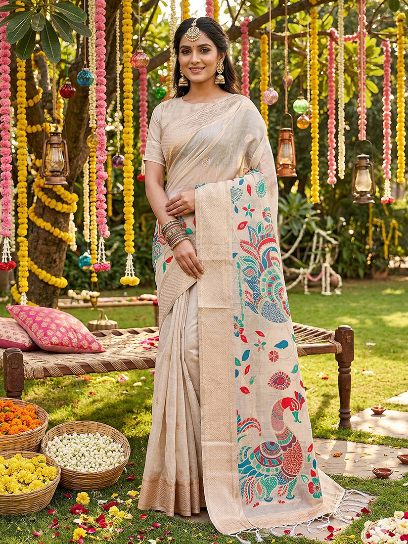 Monjolika Fashion Off White Linen Cotton Saree with Multicolor Meenakari Peacock Weaving | Grocsy