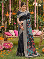 Monjolika Fashion Black Linen Cotton Saree with Multicolor Meenakari Peacock Weaving | Grocsy