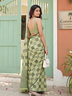 Monjolika Fashion Sage Green Linen Cotton Blend Saree with Geometric Checkered Patterns | Grocsy