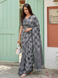 Monjolika Fashion Grey Linen Cotton Blend Saree with Geometric Checkered Patterns | Grocsy