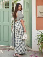 Monjolika Fashion Off White Linen Cotton Blend Saree with Geometric Checkered Patterns | Grocsy