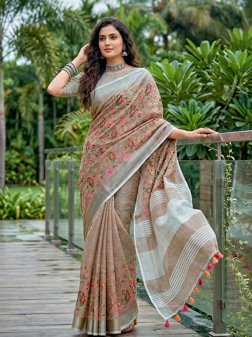Monjolika Fashion Brown Linen Cotton Blend Saree with Floral Embroidery & Tassel Pallu | Grocsy