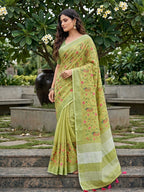 Monjolika Fashion Pista Green Linen Cotton Blend Saree with Floral Embroidery & Tassel Pallu | Grocsy
