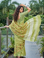 Monjolika Fashion Pista Green Linen Cotton Blend Saree with Floral Embroidery & Tassel Pallu | Grocsy