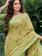 Monjolika Fashion Pista Green Linen Cotton Blend Saree with Floral Embroidery & Tassel Pallu | Grocsy