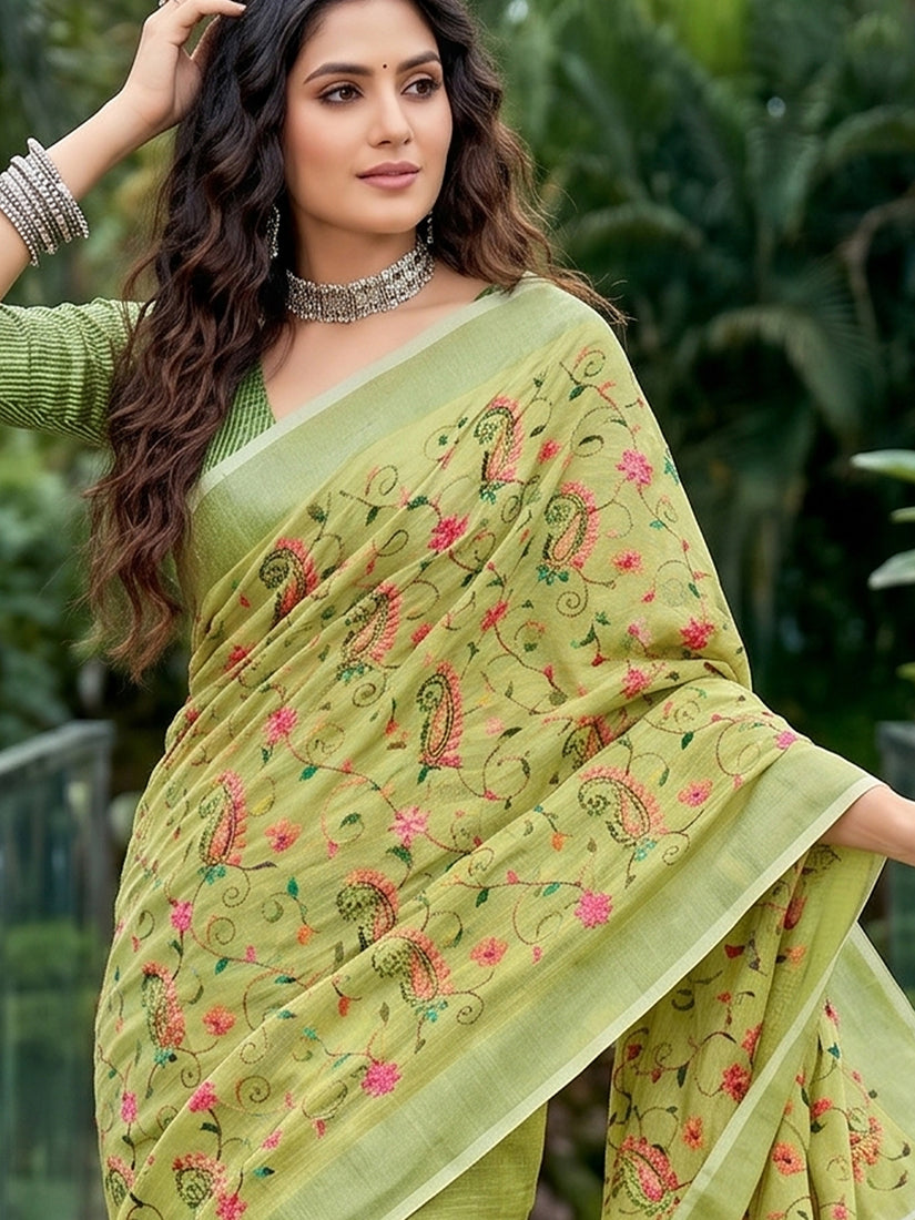 Monjolika Fashion Pista Green Linen Cotton Blend Saree with Floral Embroidery & Tassel Pallu | Grocsy