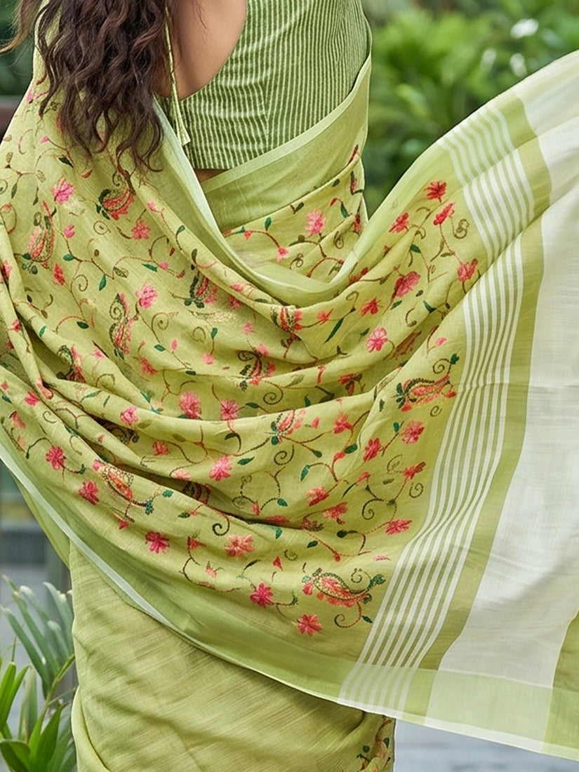 Monjolika Fashion Pista Green Linen Cotton Blend Saree with Floral Embroidery & Tassel Pallu | Grocsy