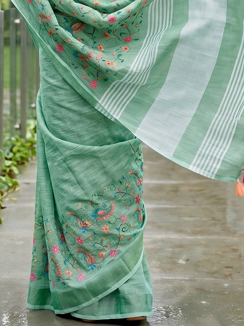 Monjolika Fashion Sea Green Linen Cotton Blend Saree with Floral Embroidery & Tassel Pallu | Grocsy