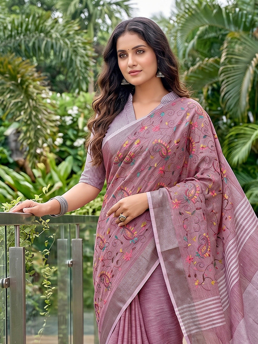 Monjolika Fashion Onion Pink Linen Cotton Blend Saree with Floral Embroidery & Tassel Pallu | Grocsy