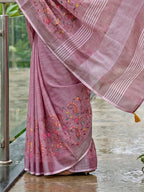 Monjolika Fashion Onion Pink Linen Cotton Blend Saree with Floral Embroidery & Tassel Pallu | Grocsy