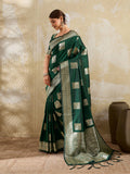 Monjolika Fashion Dark Green Zari Woven Banarasi Silk Blend Saree With Blouse Piece | Grocsy