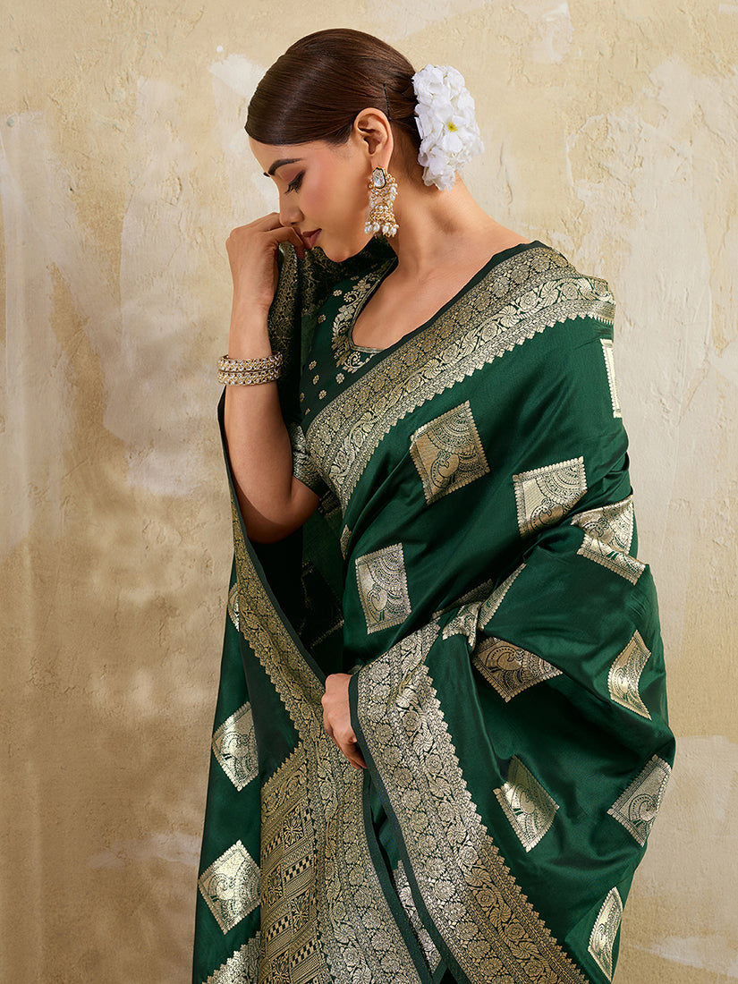 Monjolika Fashion Dark Green Zari Woven Banarasi Silk Blend Saree With Blouse Piece | Grocsy