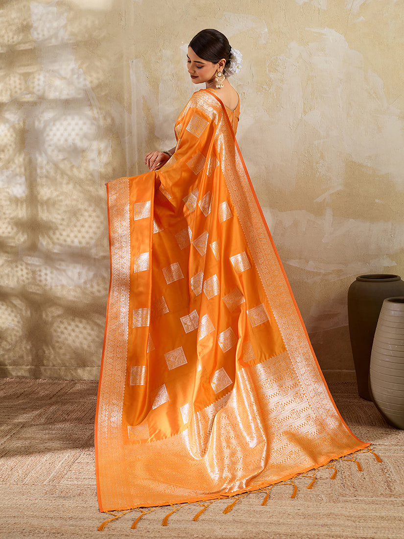 Monjolika Fashion Orange Zari Woven Banarasi Silk Blend Saree With Blouse Piece | Grocsy
