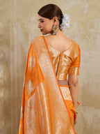 Monjolika Fashion Orange Zari Woven Banarasi Silk Blend Saree With Blouse Piece | Grocsy