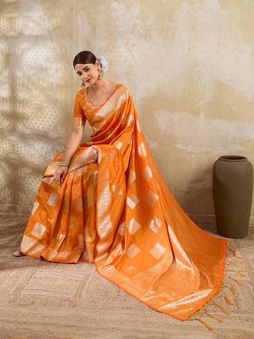 Monjolika Fashion Orange Zari Woven Banarasi Silk Blend Saree With Blouse Piece | Grocsy