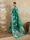 Monjolika Fashion Teal Zari Woven Banarasi Silk Blend Saree With Blouse Piece | Grocsy