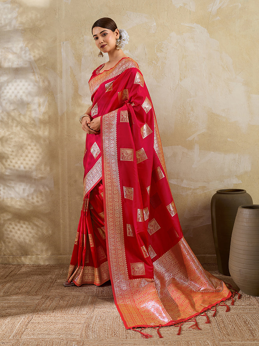 Monjolika Fashion Red Zari Woven Banarasi Silk Blend Saree With Blouse Piece | Grocsy