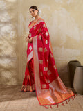 Monjolika Fashion Red Zari Woven Banarasi Silk Blend Saree With Blouse Piece | Grocsy