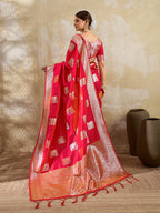 Monjolika Fashion Red Zari Woven Banarasi Silk Blend Saree With Blouse Piece | Grocsy