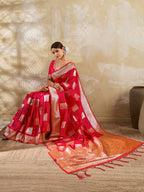 Monjolika Fashion Red Zari Woven Banarasi Silk Blend Saree With Blouse Piece | Grocsy
