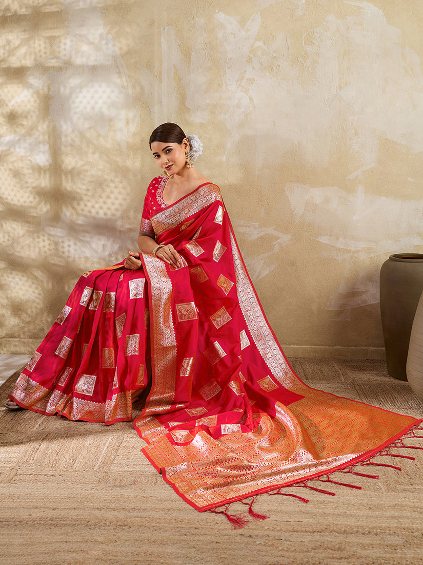 Monjolika Fashion Red Zari Woven Banarasi Silk Blend Saree With Blouse Piece | Grocsy