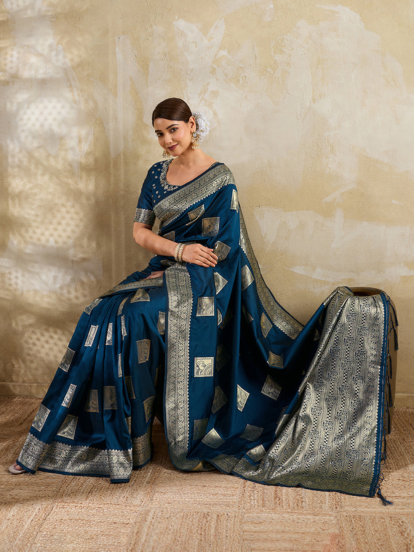 Monjolika Fashion Navy Blue Zari Woven Banarasi Silk Blend Saree With Blouse Piece | Grocsy