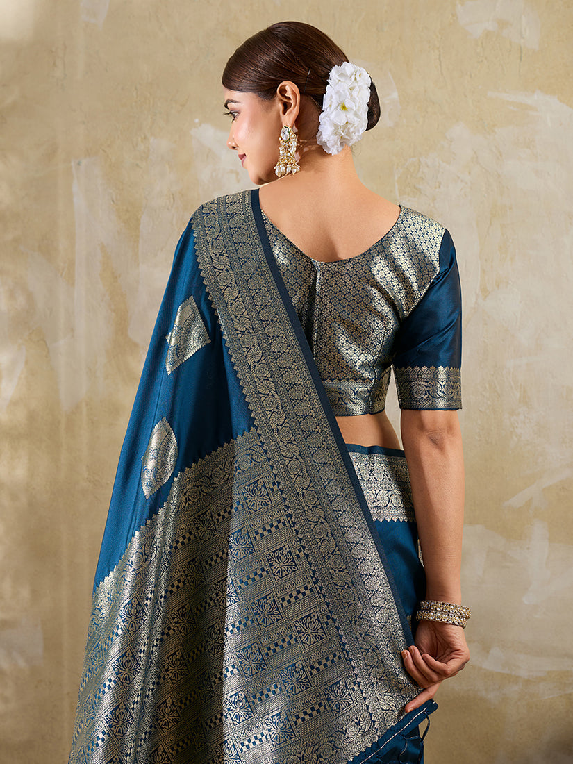 Monjolika Fashion Navy Blue Zari Woven Banarasi Silk Blend Saree With Blouse Piece | Grocsy