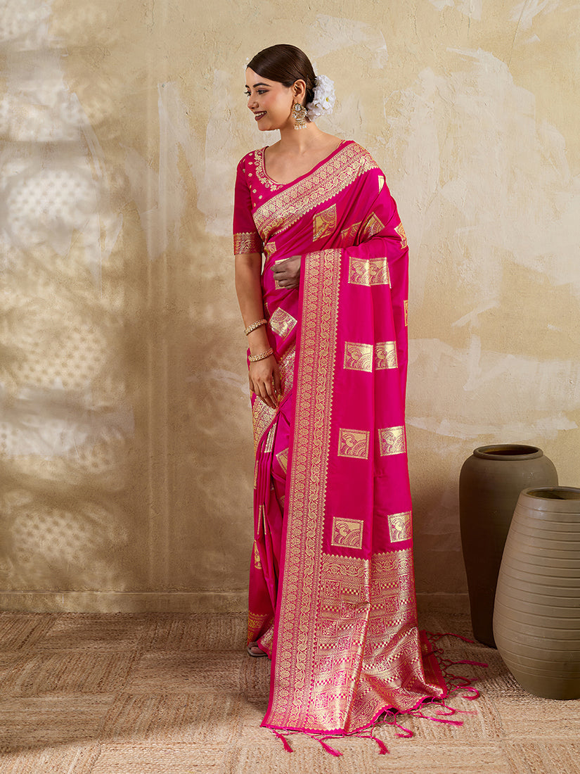 Monjolika Fashion Rani Pink Zari Woven Banarasi Silk Blend Saree With Blouse Piece | Grocsy