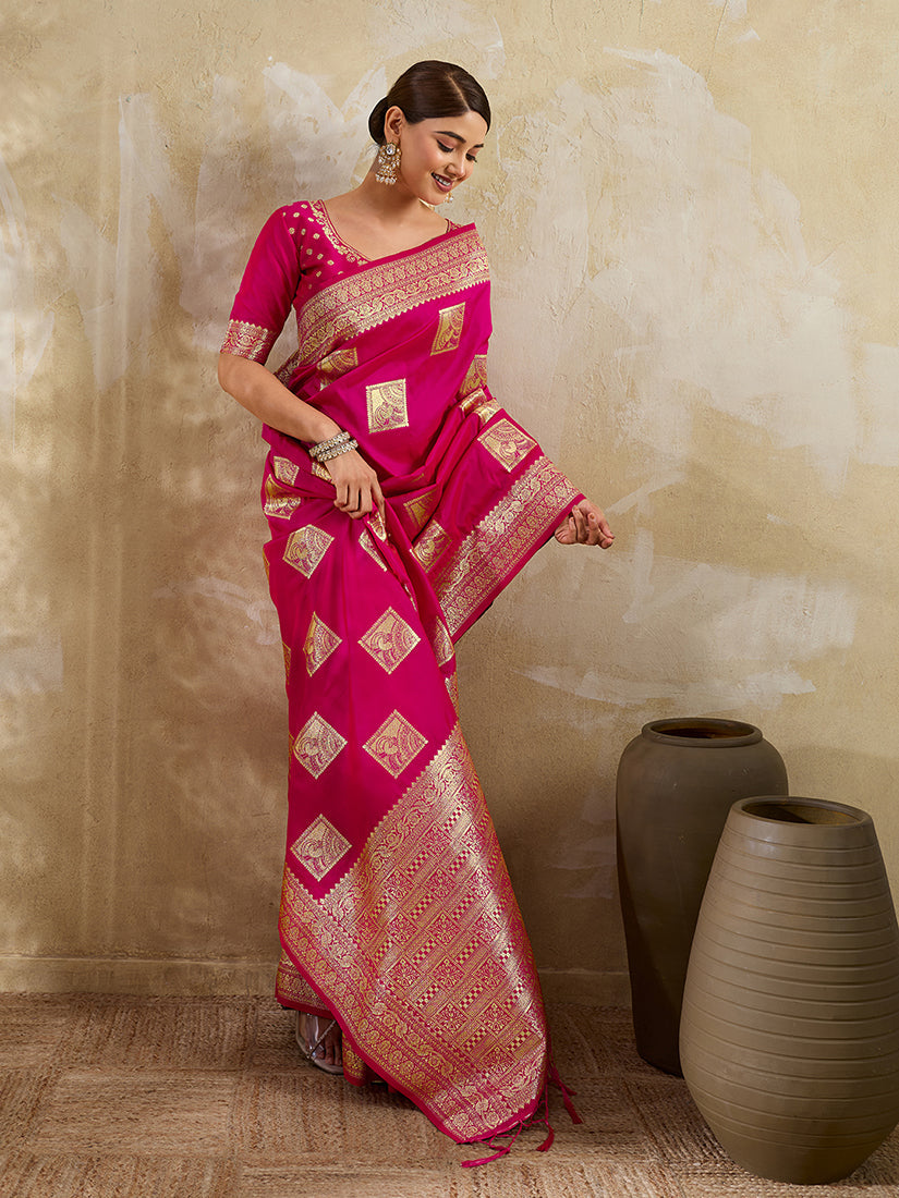 Monjolika Fashion Rani Pink Zari Woven Banarasi Silk Blend Saree With Blouse Piece | Grocsy