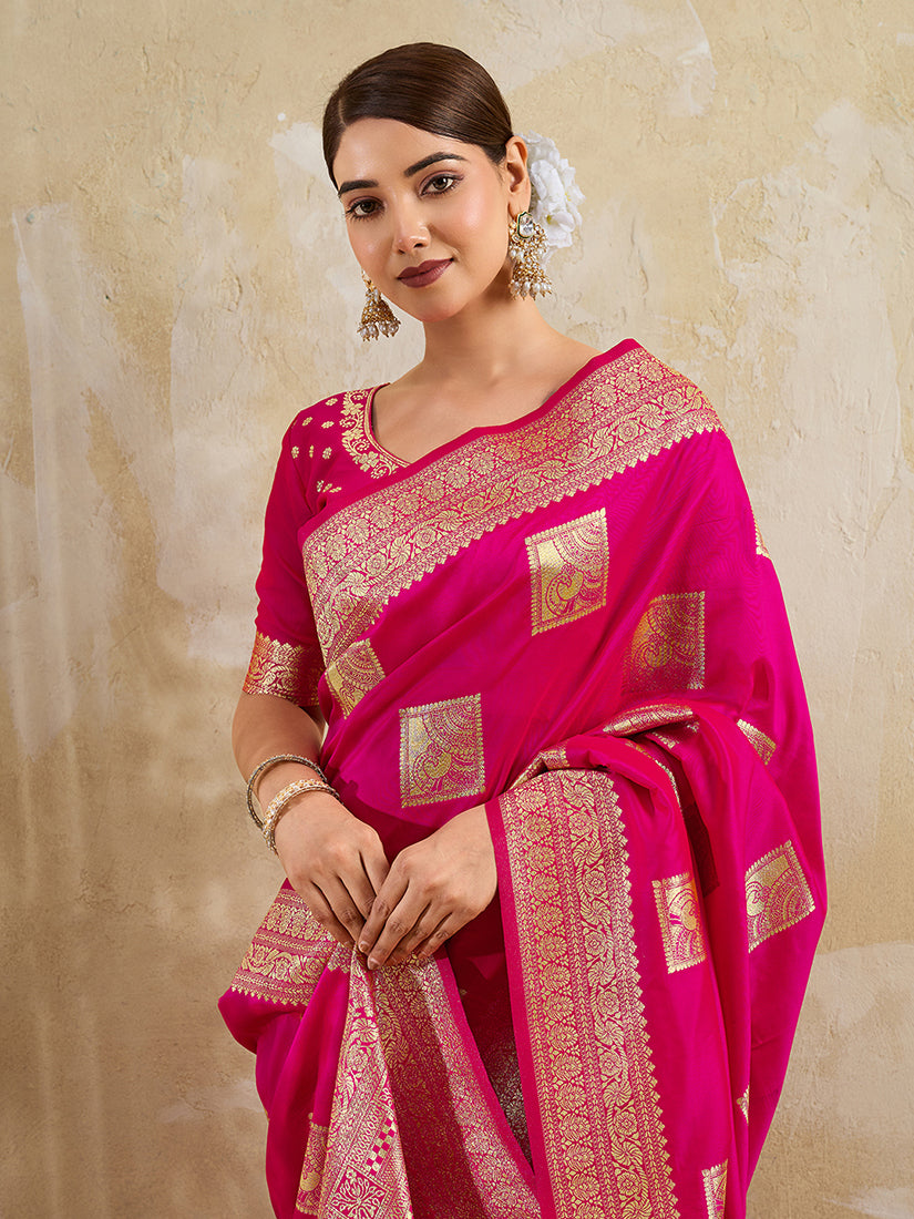 Monjolika Fashion Rani Pink Zari Woven Banarasi Silk Blend Saree With Blouse Piece | Grocsy