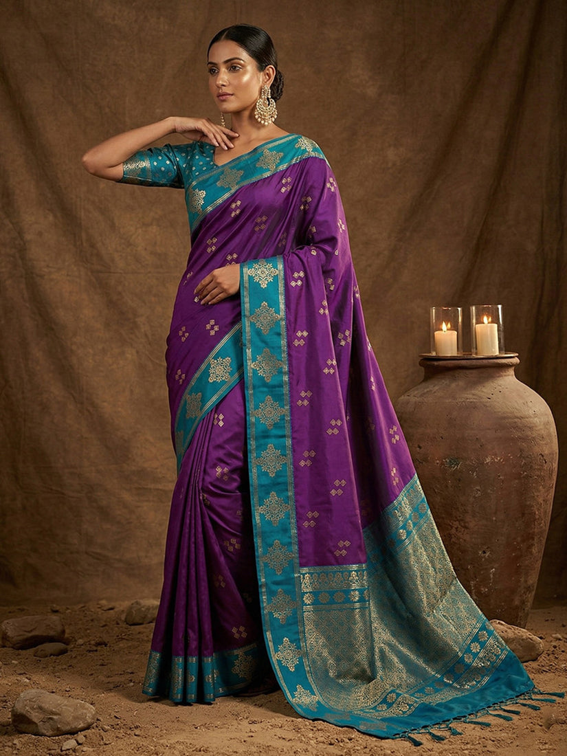 Monjolika Fashion Purple Zari Woven Banarasi Silk Blend Saree with Blouse Piece | Grocsy