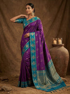 Monjolika Fashion Purple Zari Woven Banarasi Silk Blend Saree with Blouse Piece | Grocsy