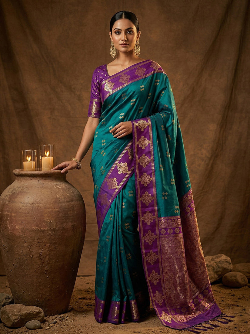 Monjolika Fashion Teal Blue Zari Woven Banarasi Silk Blend Saree with Blouse Piece | Grocsy