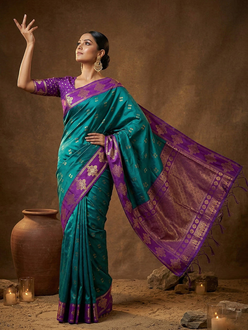 Monjolika Fashion Teal Blue Zari Woven Banarasi Silk Blend Saree with Blouse Piece | Grocsy