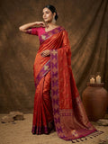 Monjolika Fashion Rust Orange Zari Woven Banarasi Silk Blend Saree with Blouse Piece | Grocsy