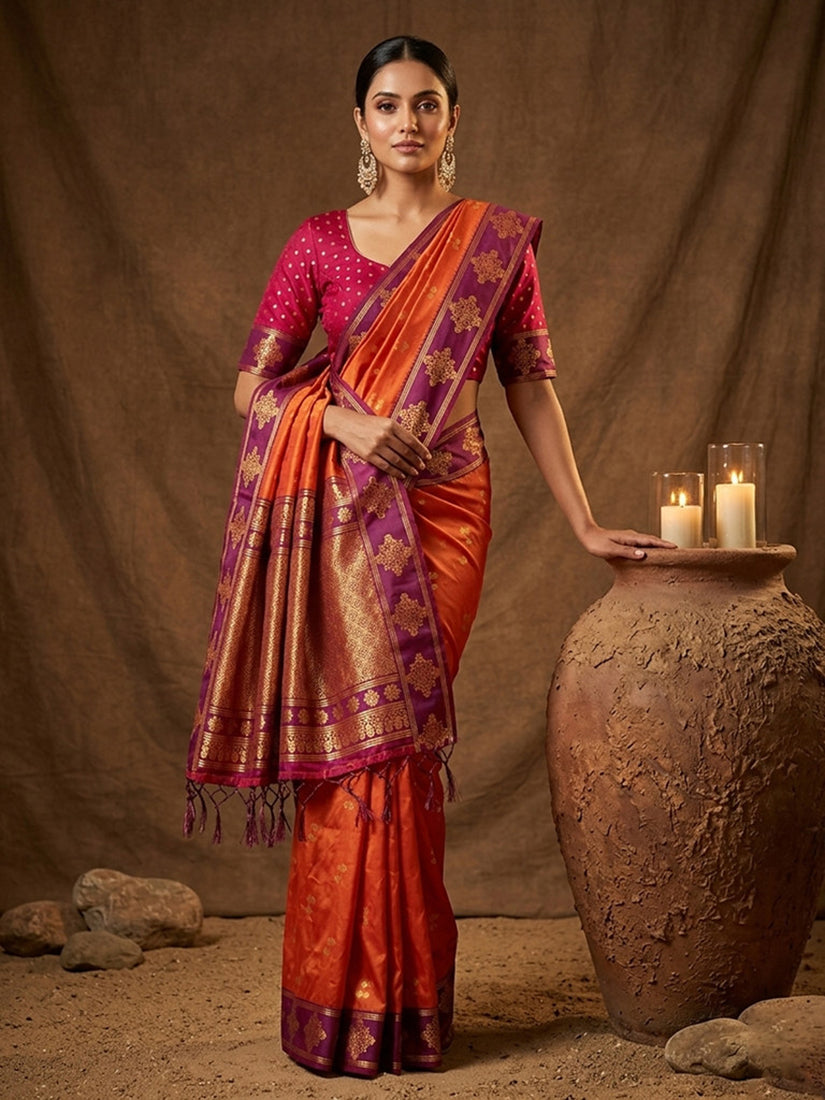 Monjolika Fashion Rust Orange Zari Woven Banarasi Silk Blend Saree with Blouse Piece | Grocsy