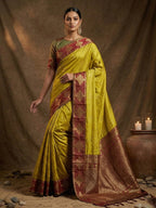 Monjolika Fashion Mustard Zari Woven Banarasi Silk Blend Saree with Blouse Piece | Grocsy