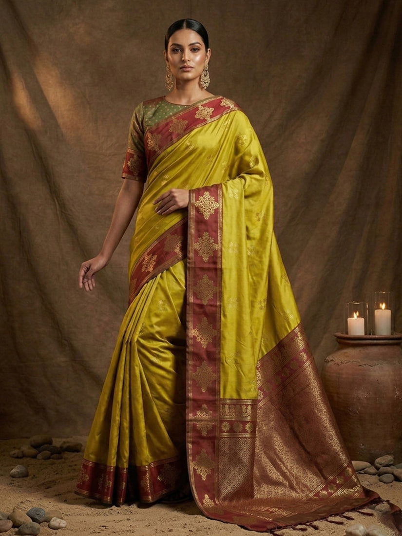Monjolika Fashion Mustard Zari Woven Banarasi Silk Blend Saree with Blouse Piece | Grocsy