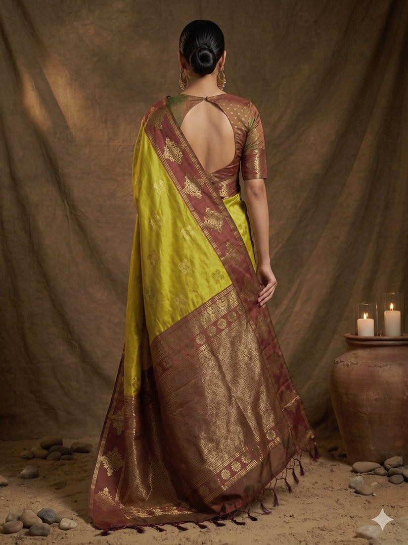 Monjolika Fashion Mustard Zari Woven Banarasi Silk Blend Saree with Blouse Piece | Grocsy