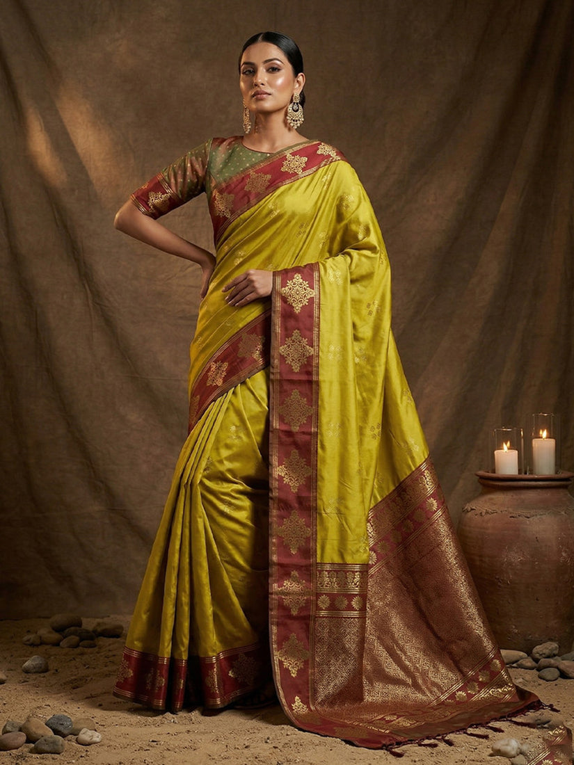 Monjolika Fashion Mustard Zari Woven Banarasi Silk Blend Saree with Blouse Piece | Grocsy