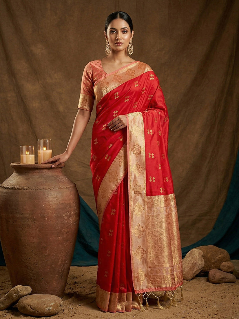 Monjolika Fashion Red Zari Woven Banarasi Silk Blend Saree with Blouse Piece | Grocsy