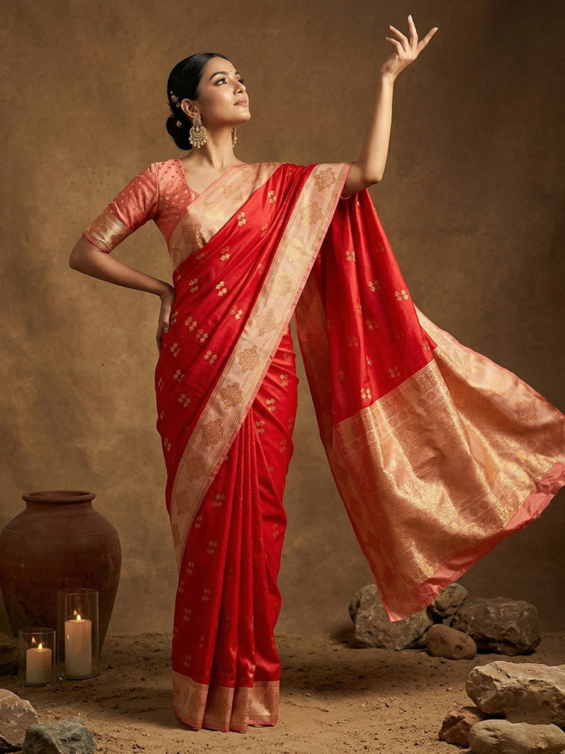 Monjolika Fashion Red Zari Woven Banarasi Silk Blend Saree with Blouse Piece | Grocsy
