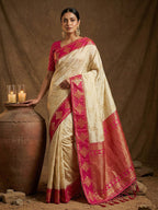 Monjolika Fashion Cream Zari Woven Banarasi Silk Blend Saree with Blouse Piece | Grocsy