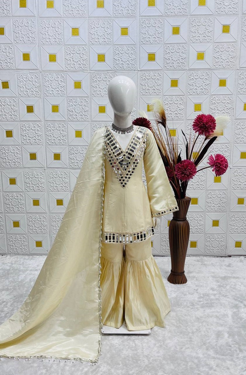 Evanik Beige Heavy Cosmos Zari Silk Real Mirror Work Kids Sharara Set | Grocsy