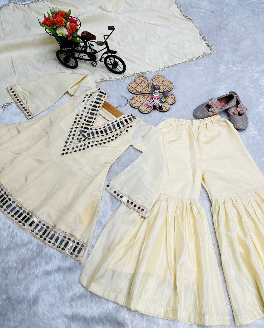 Evanik Beige Heavy Cosmos Zari Silk Real Mirror Work Kids Sharara Set | Grocsy