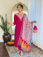 The52 Thread Work Rayon Fabric Straight Kurta, Pant and Dupatta Set | Grocsy