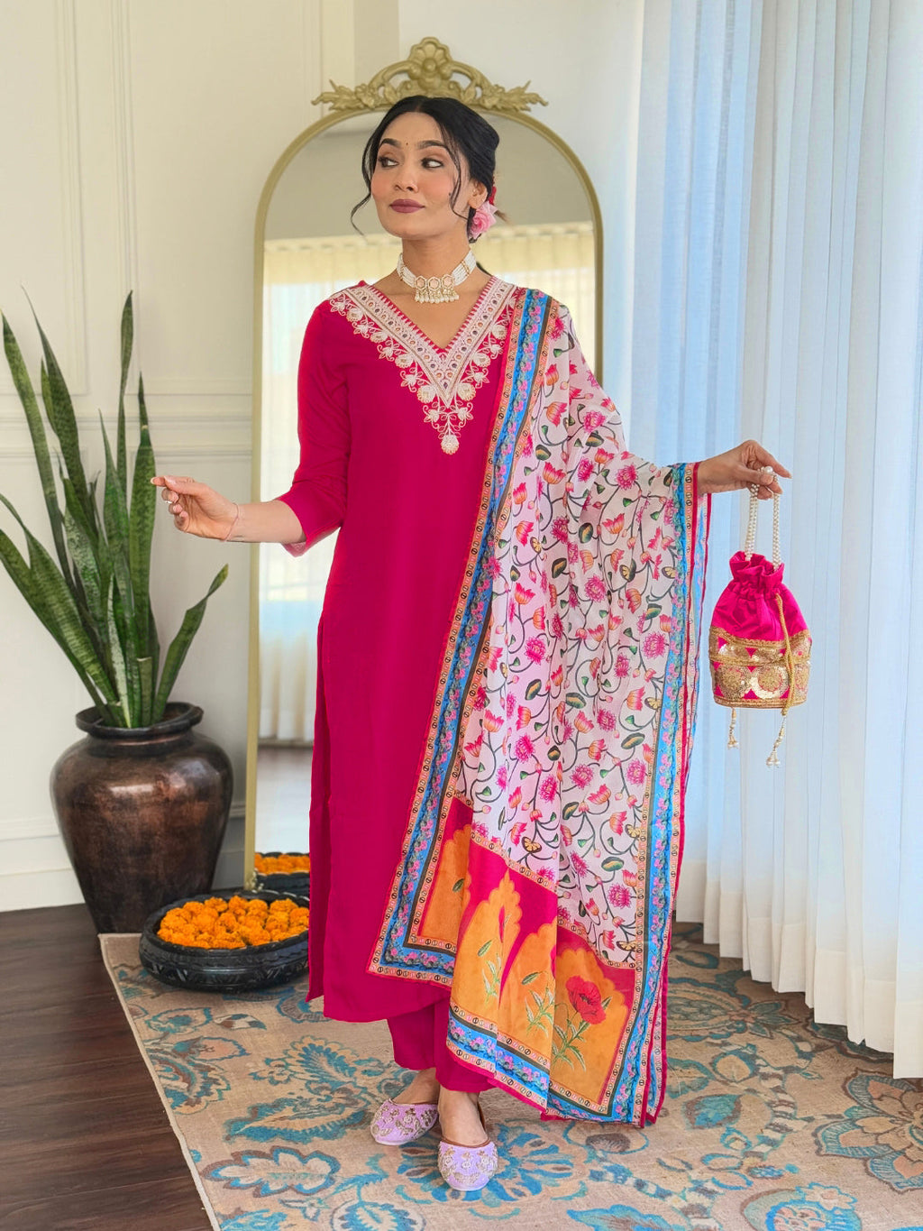 The52 Thread Work Rayon Fabric Straight Kurta, Pant and Dupatta Set | Grocsy