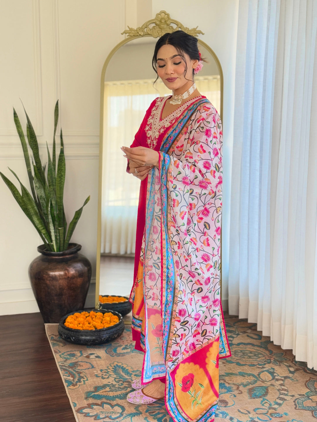 The52 Thread Work Rayon Fabric Straight Kurta, Pant and Dupatta Set | Grocsy